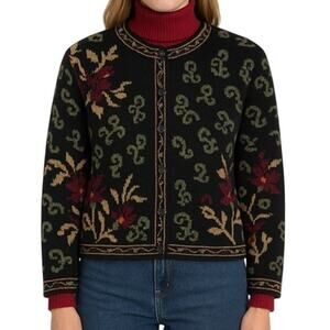 Vintage Nordic Design Wool Blend Ornate Design Cardigan Sweater Brown Medium